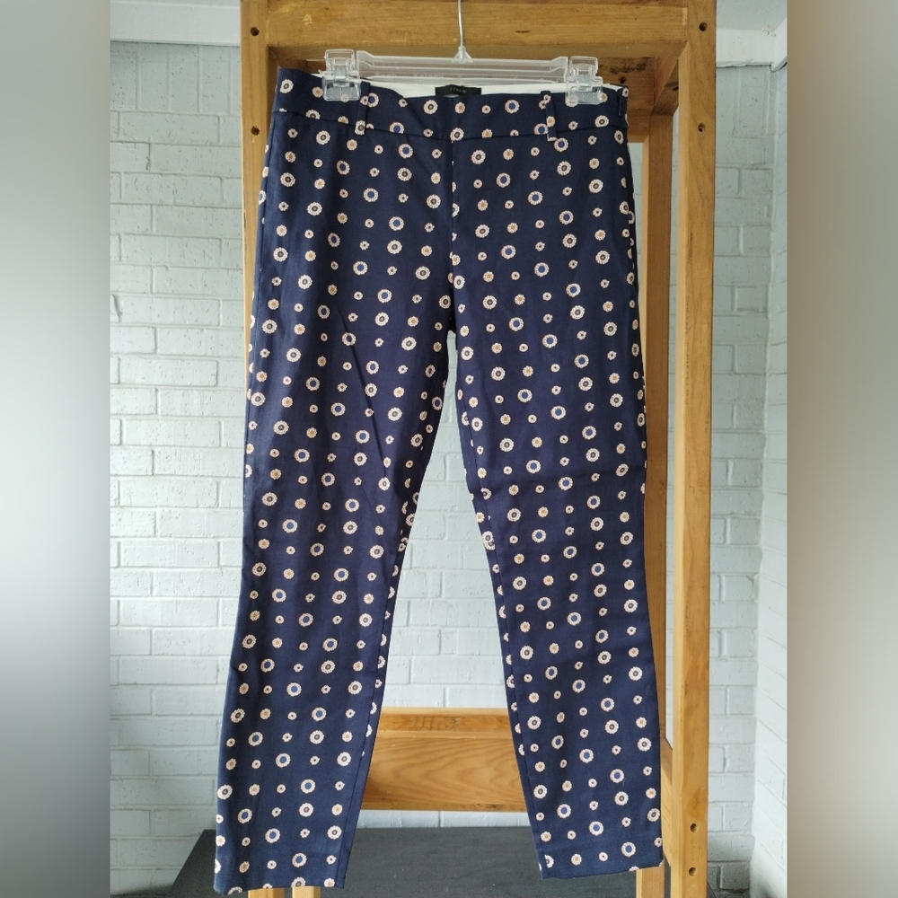 J. Crew Navy Blue Cropped Pants with Cream Polka Dot Pattern